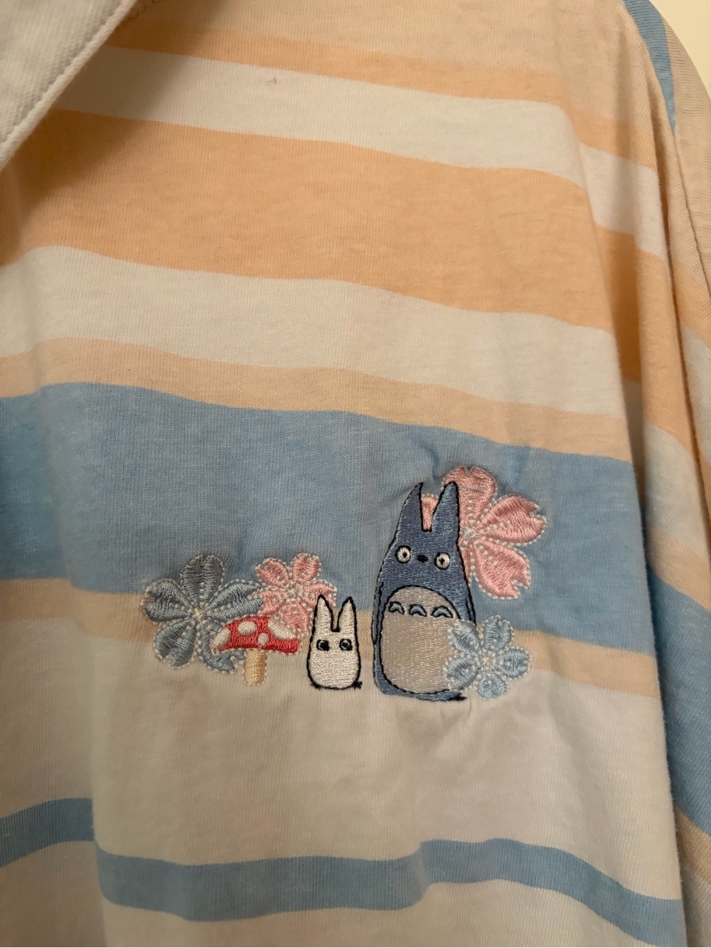 Totoro Pastel Stripe Long-Sleeve Polo - Blue & Cream & Peach - Picture 2 of 4